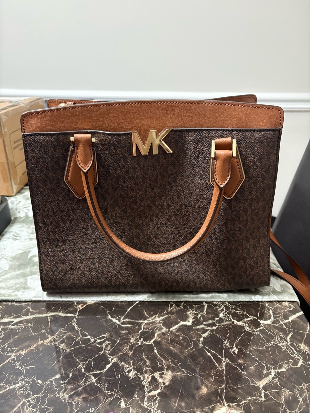 Michael Kors Brown Monogram Satchel with Tan Leather Trim